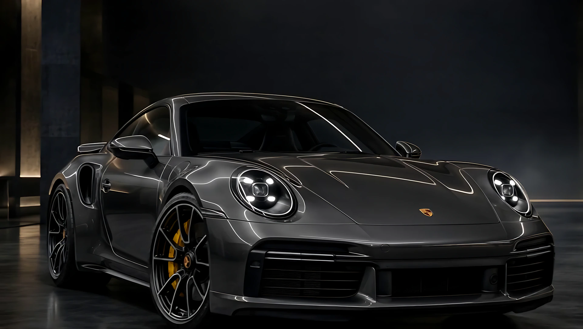 Porsche 911 grafite pronto, brilhando no galpão escuro